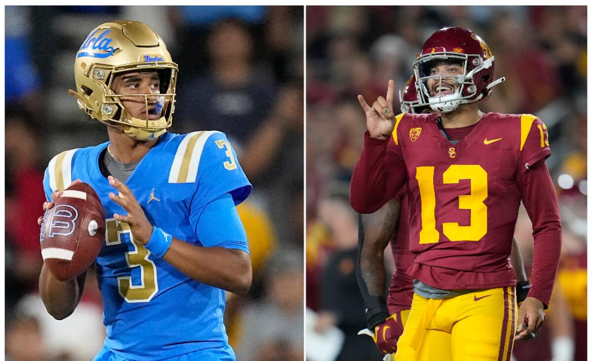 UCLA quarterback Dante Moore, left, looks to pass, while USC quarterback Caleb Williams motions to the sideline.