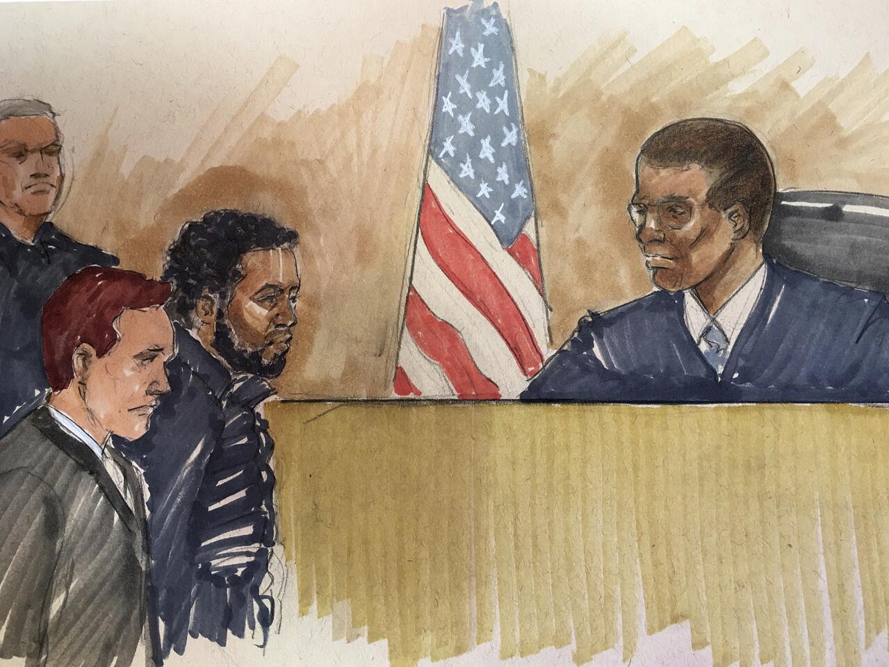 In this courtroom sketch, "Empire" actor Jussie Smollett, appears in from before Cook County Judge John Fitzgerald Lyke Jr. with his attorney Jack Prior at Cook County Court, Feb. 21, 2019, in Chicago. Smollett has made his first court appearance on charges that he falsely reported being beaten by two men last month in downtown Chicago. The judge set bond at $100,000, meaning that Smollett must post $10,000 to be released. Police say the 36-year-old actor staged a racist, anti-gay attack on himself because he was unhappy about his salary and wanted to promote his career. Smollett said little during the hearing, except to state his name.