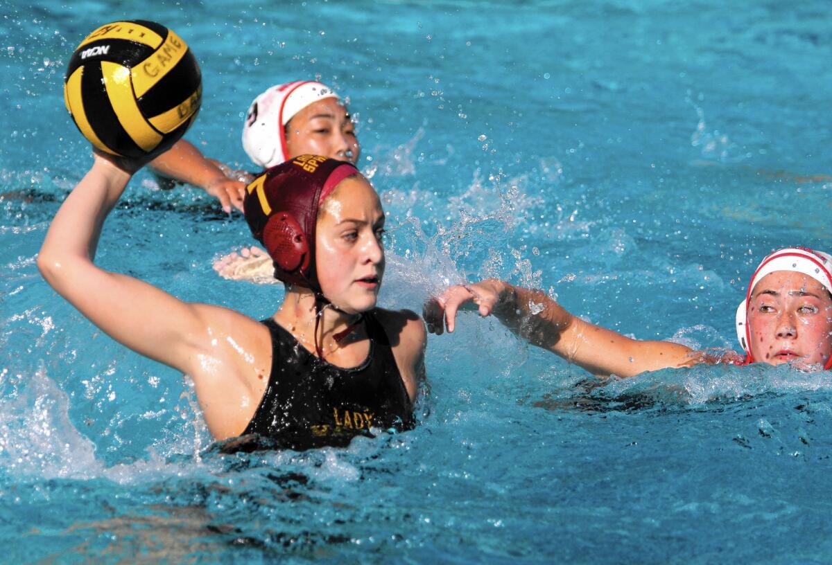 La Cañada High utility player Genevieve Fraipoint takes a shot in a playoff game against Rio Mesa High at Pasadena City College on Saturday, Feb. 20, 2016. Fraipoint is one of a trio of Spartans — all freshmen — to make the All-Rio Hondo League first team.