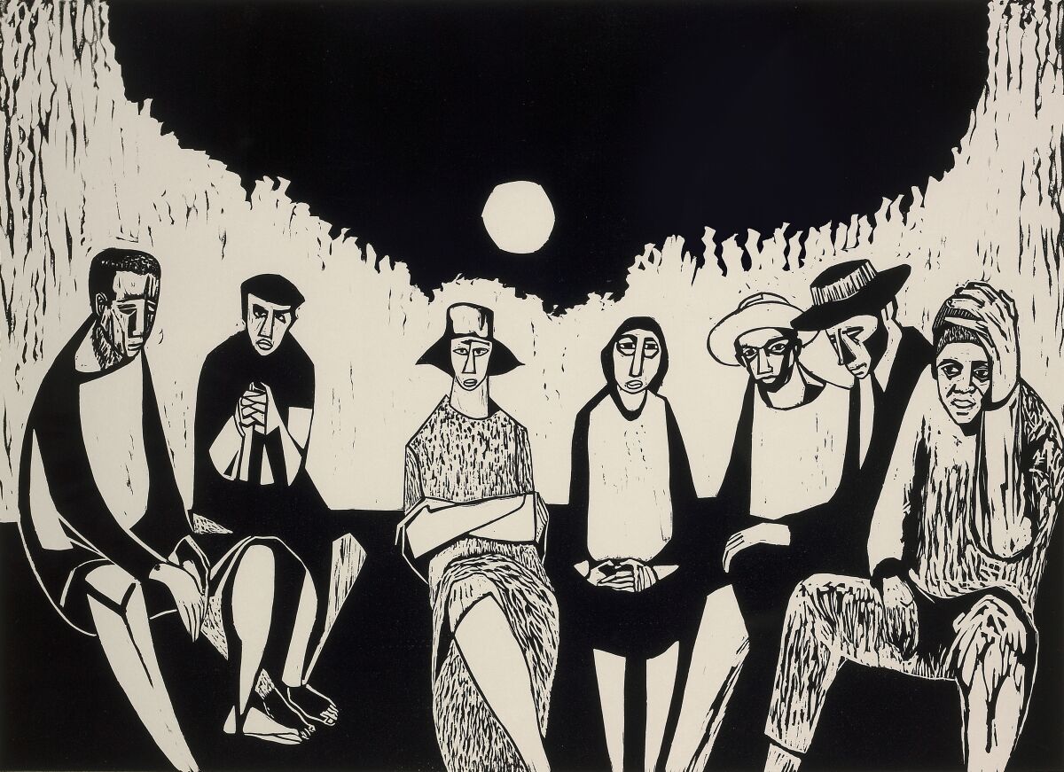 A black and white linocut print shows a group of weary-looking people sitting against and abstracted landscape