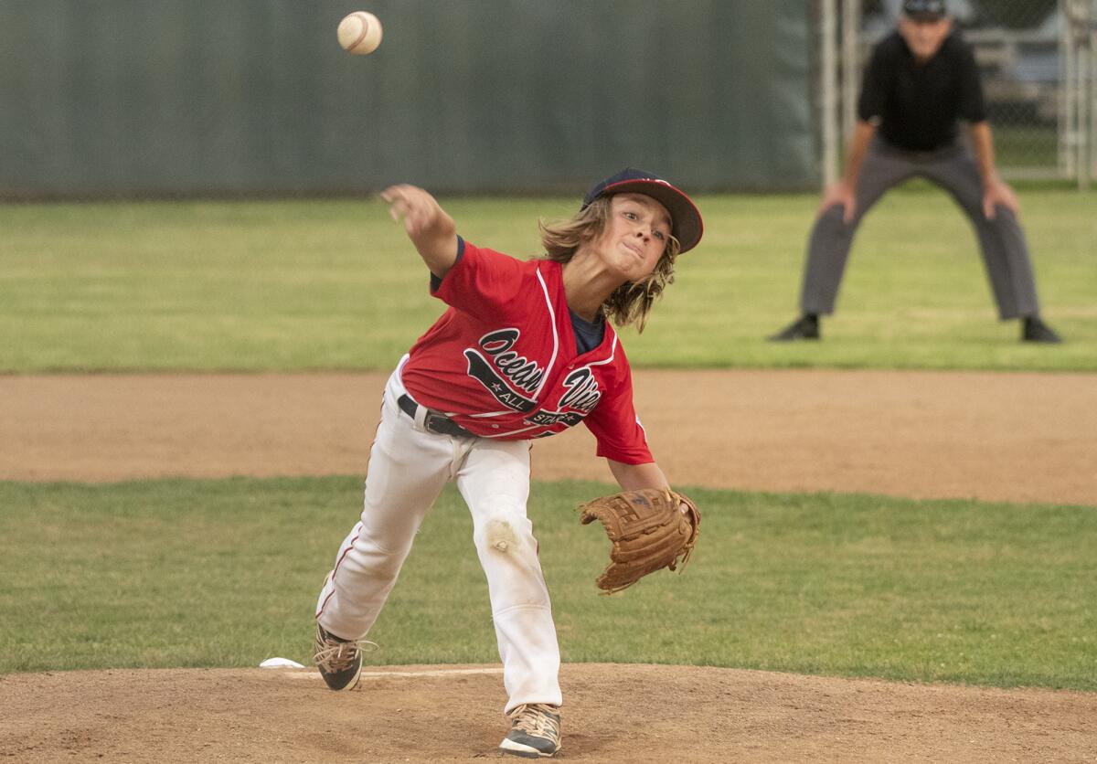 Ocean View Little League's Luke Crespo pitches in the fifth inning against Thousand Oaks Little League in the Southern California state tournament on Wednesday at Stearns Champions Park in Long Beach.