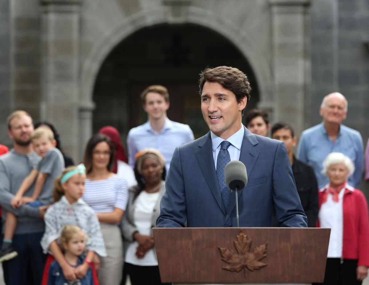 Liberal Party leader and Canadian Prime Minister Justin Trudeau speaks during a news conference in Ottawa on Sept. 11, 2019. Trudeau kicked off the campaign for next month's Canadian general election, seeking to hold on to his liberal majority in a tight race against newcomers on both flanks.
