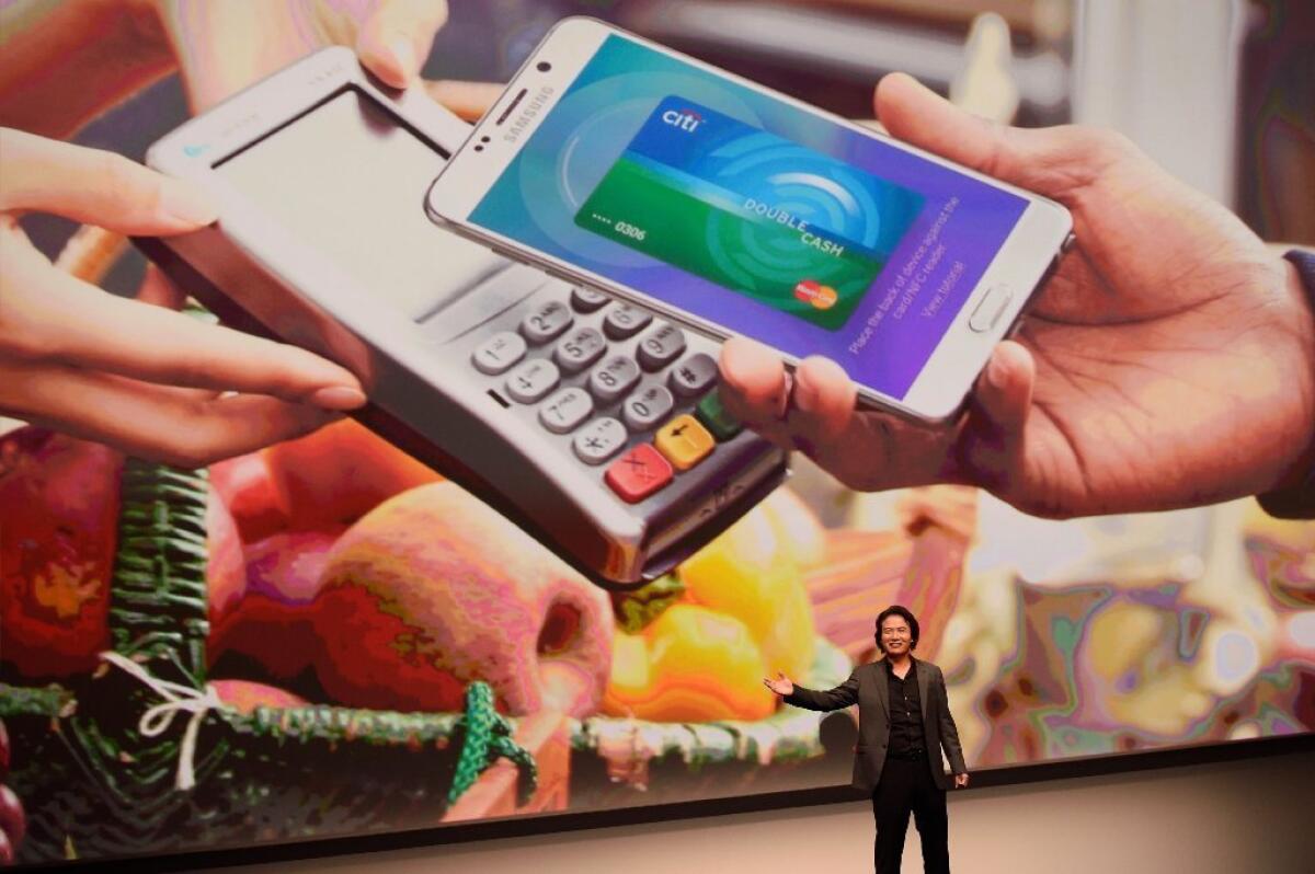 Samsung Senior Vice President Injong Rhee discusses Samsung Pay during the Samsung Galaxy Unpacked 2015 event Aug. 13.