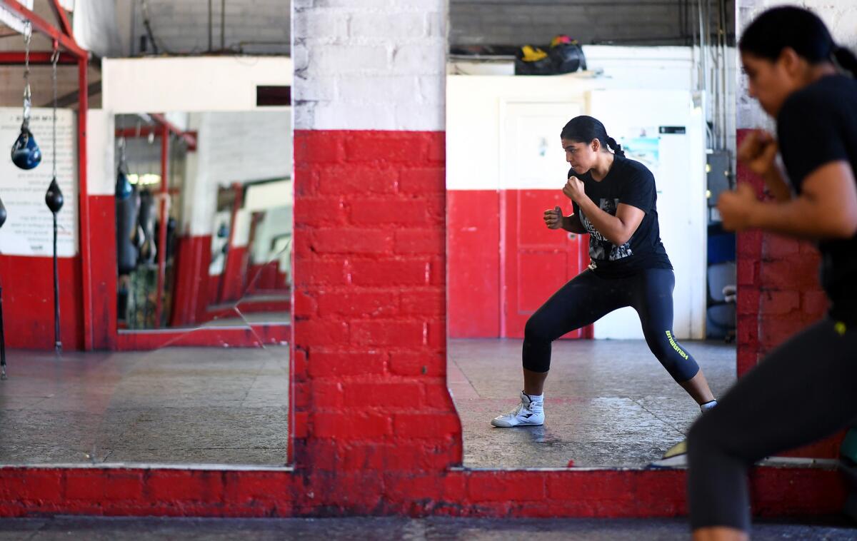LOS ANGELES, CALIFORNIA SEPTEMBER 30, 2016-Women's middleweight boxer Maricela Cornejo trains for her fight Friday in the co-main event of a Golden Boys Promotions card. Cornejo has overcome childhood and young adult adversity to ermerge as a possible signature face of female boxing. (Wally Skalij/Los Angeles Times)