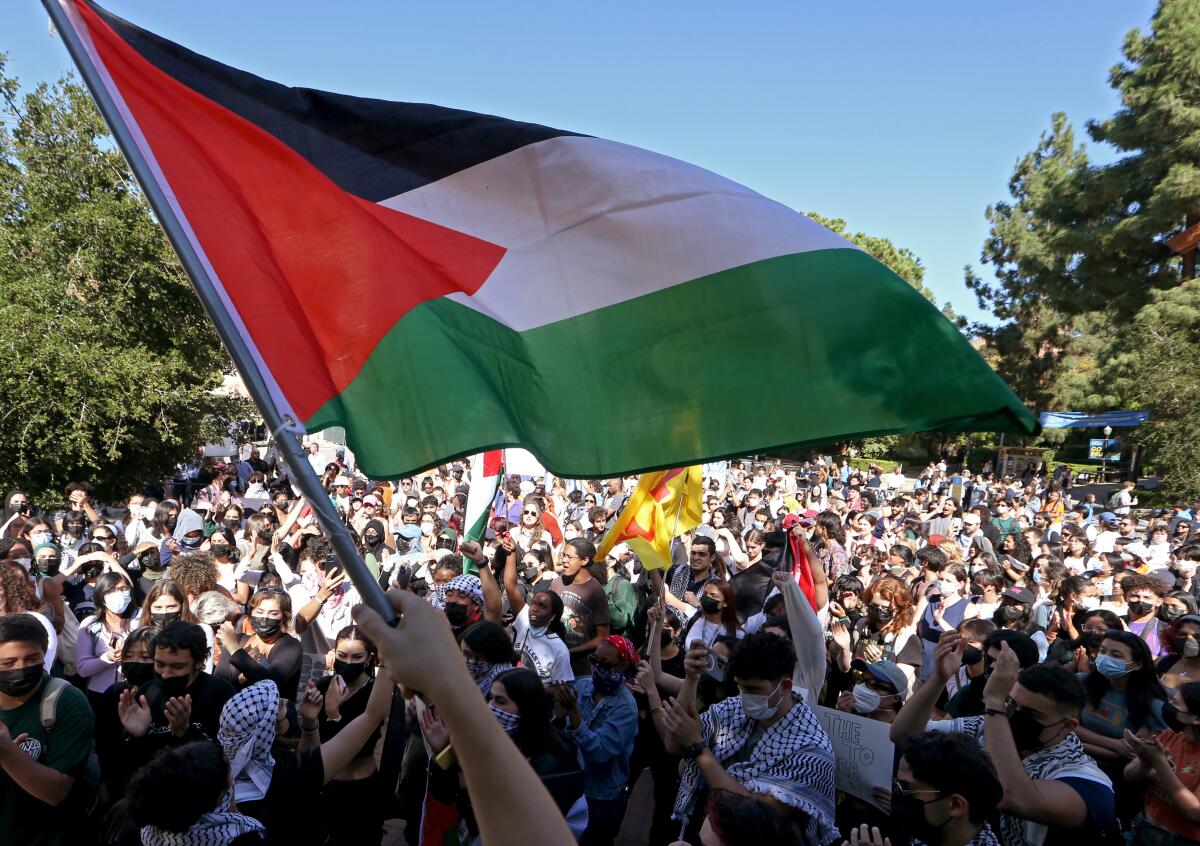 A Palestinian flag in the foreground and a large crowd at an outdoor rally in the background