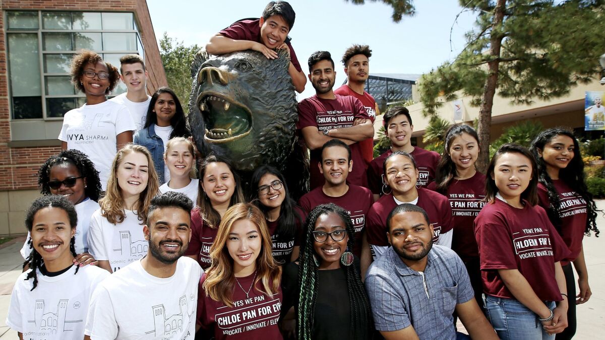 In the wake of racial tensions that inflamed UCLA, several students of color ran successful independent campaigns for student office. Pictured are the winning candidates, with their campaign staff members and supporters.