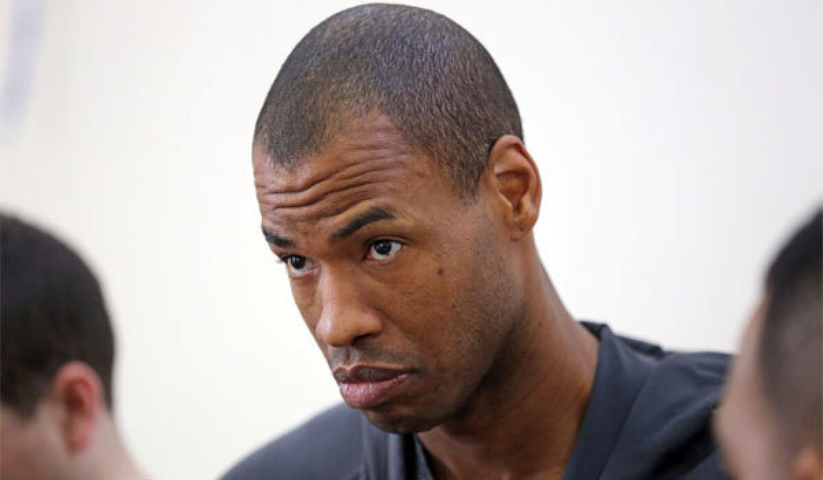 Brooklyn center Jason Collins talks with reporters during an off-day practice on UCLA's campus Tuesday.