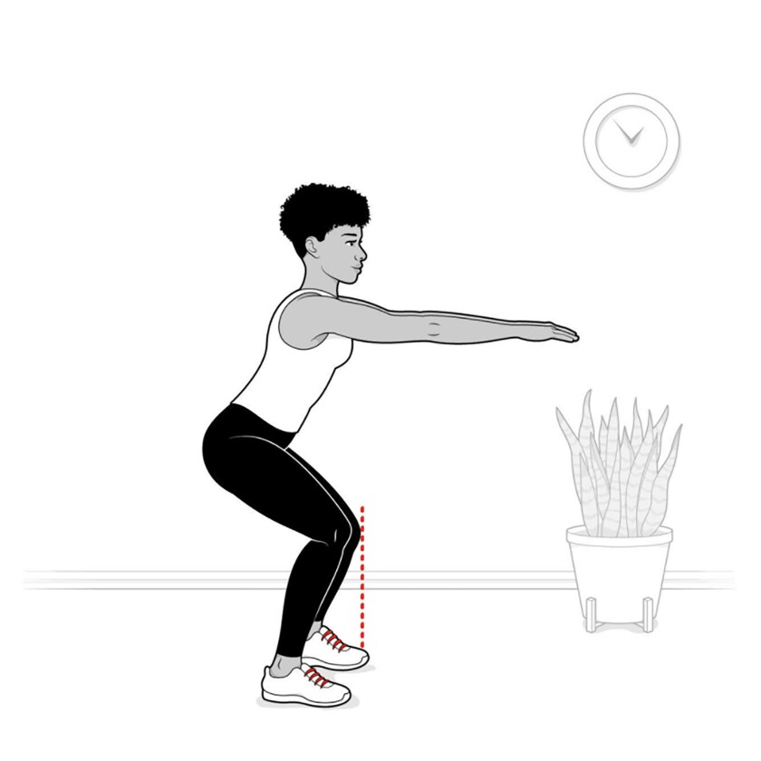 Step 3: Keep knees in line with your toes as you squat and don’t extend them too far past the ends of your toes.
