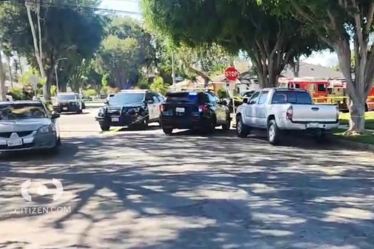 Police cars parked to block a street with emergency vehicles nearby.