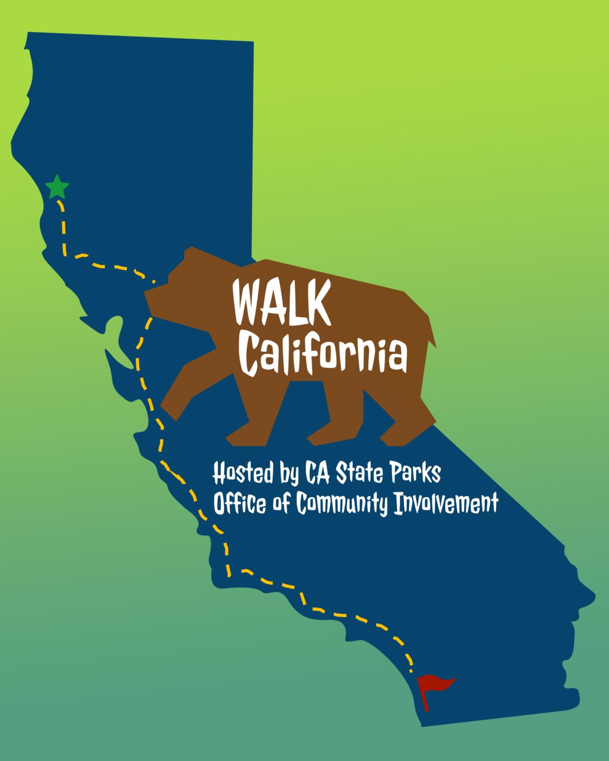 The Walk California logo is a bear walking on the state's outline.