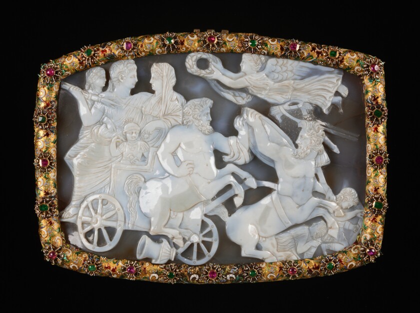 "Gemma Constantiniana (The Triumph of Constantine)," Roman, circa AD 320-30?, sardonyx, mounted in a jeweled frame (1628)