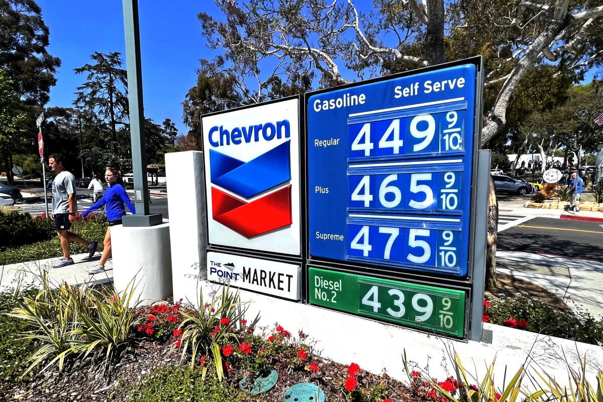 Gas prices are displayed at a Chevron station in Montecito on May 30, 2021.