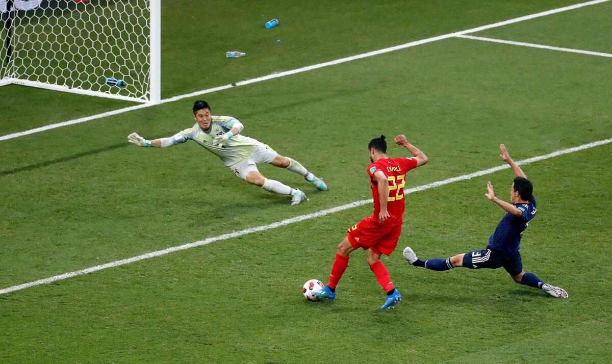 Belgium's Nacer Chadli delivers the game-winning goal against Japan.