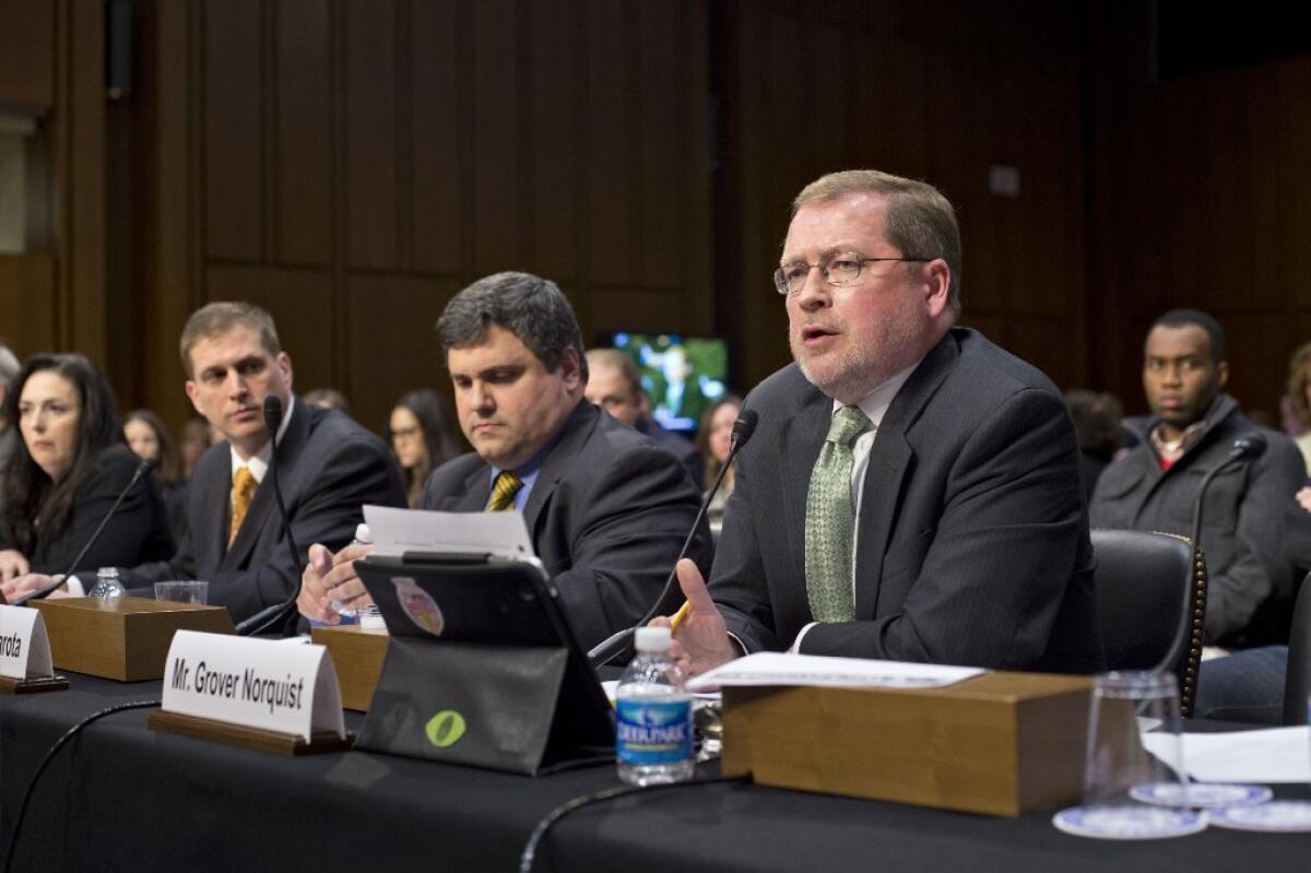 Grover Norquist, a conservative tax activist and president of Americans for Tax Reform, right, testifies in favor of immigration reform legislation during a Senate Judiciary Committee hearing on Capitol Hill in Washington, Monday, April 22, 2013. From right are, Norquist, Steven Camarota, director of Research for the Center for Immigration Studies, Chris Crane, president, National Immigration and Customs Enforcement, and Janice L. Kephart, former counsel, September 11 Commission.