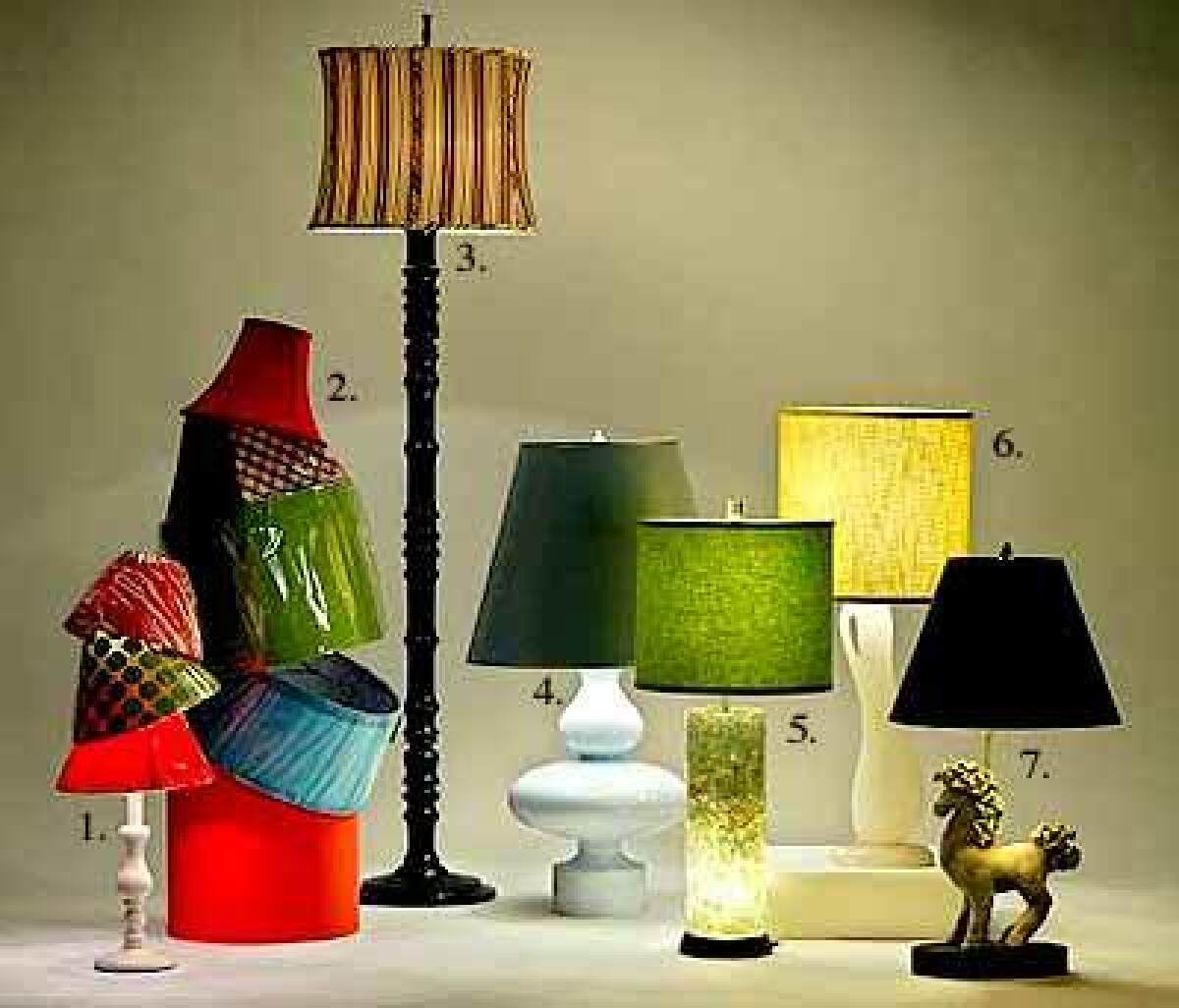 1. A lacquered wood lamp ($19.99), with a trio of paper shades, from Target. 2. Linen shades in orange ($66), turquoise with trim ($55), lime ($77.75), red plaid ($45) and red ($85), from Fantasy Lighting, Los Angeles, (323) 933-7244. 3. Antique bronze floor lamp with striped, dupioni silk shade ($775), from Zipper, Los Angeles, (323) 951-0620. 4. Bel-Air ceramic lamp in baby blue with paper shade ($795), from Jonathan Adler, Los Angeles, (323) 658-8390. 5. Freda Koblicks lamp with illuminated resin base and lime green shade ($1,250); 6. amorphous alabaster vase lamp with yellow shade ($1,800); 7. Austrian ceramic horse lamp with gold foil-lined black shade ($1,500 per pair), Modern One, Los Angeles, (323) 651-5082.