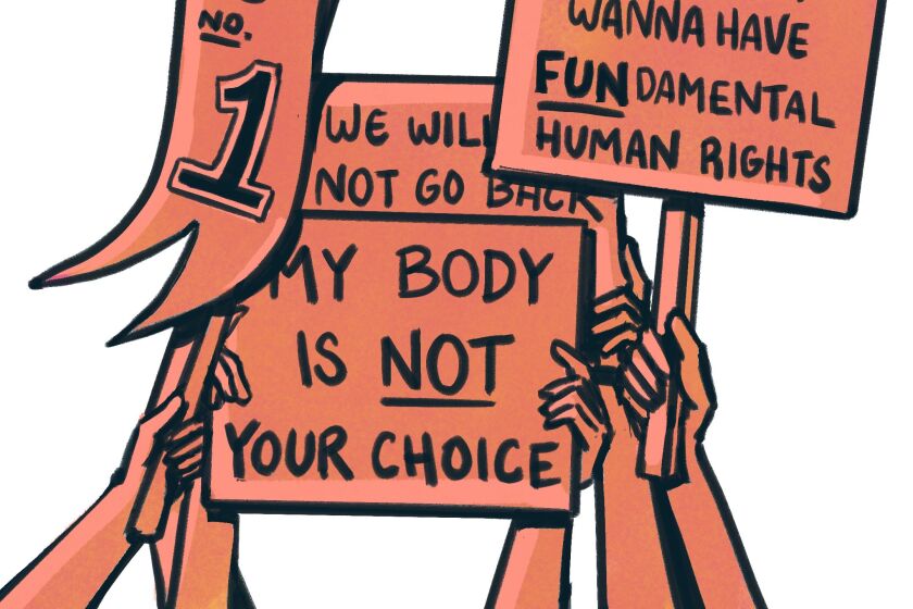 illustration of several hands holding protest signs like "my body is not your choice"