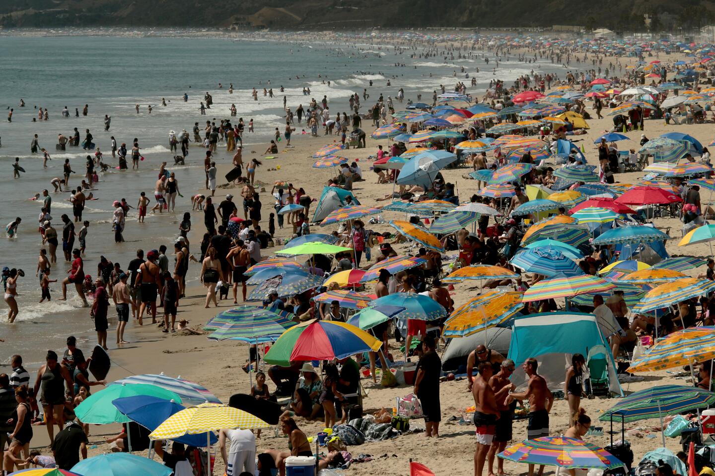 A crowded beach in Santa Monica.