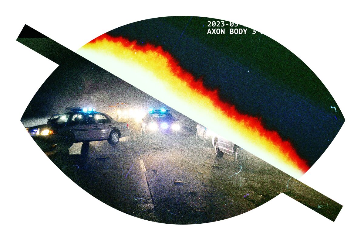 photo illustration of eye icon with slash through it. photo of police cars on road inside the eye icon.