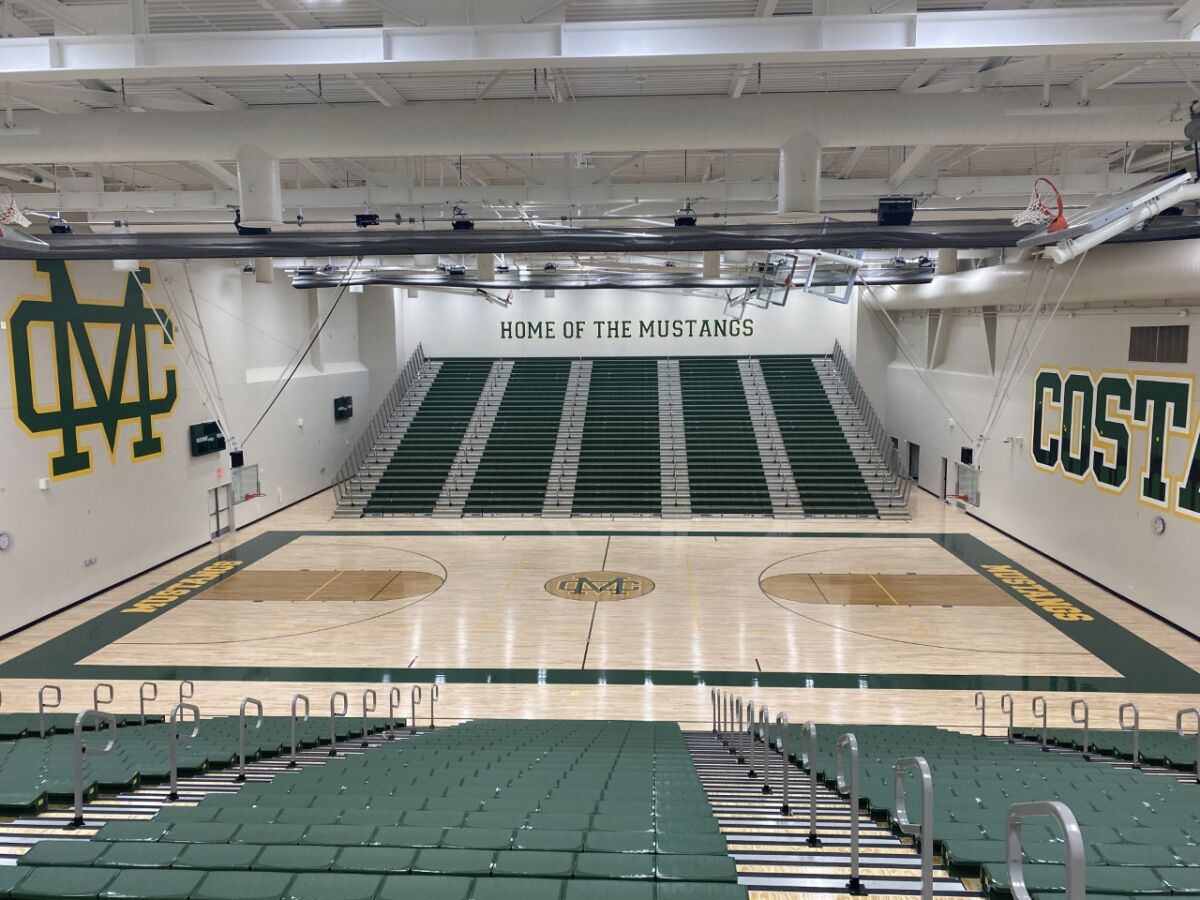 "Home of the Mustangs" is painted in Mira Costa's new gym