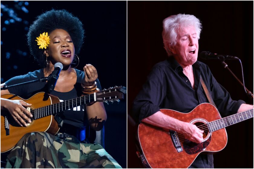 A split image of India Arie singing into a microphone and playing guitar, left, and Graham Nash doing the same