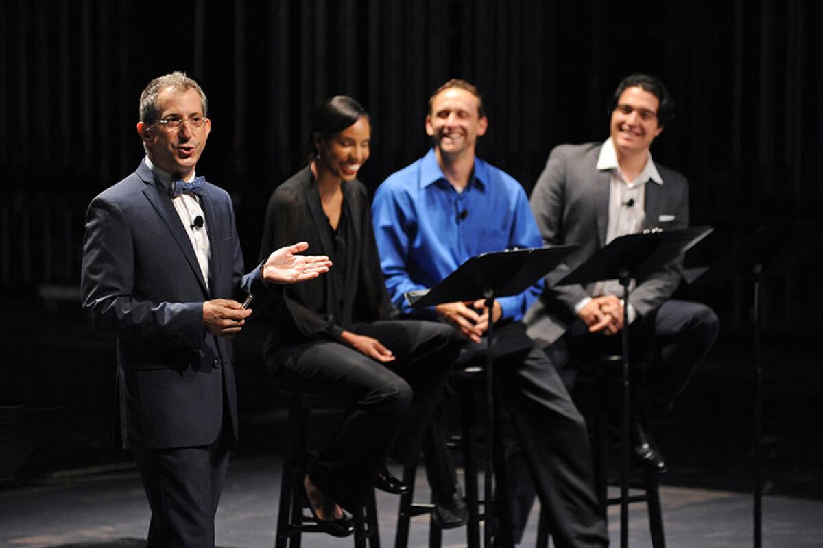 Old Globe Artistic Director Barry Edelstein (far left) with actors (from left) Krystel Lucas, Jason Maddy and Christopher Salazar during Thinking Shakespeare Live! on June 15, 2013.