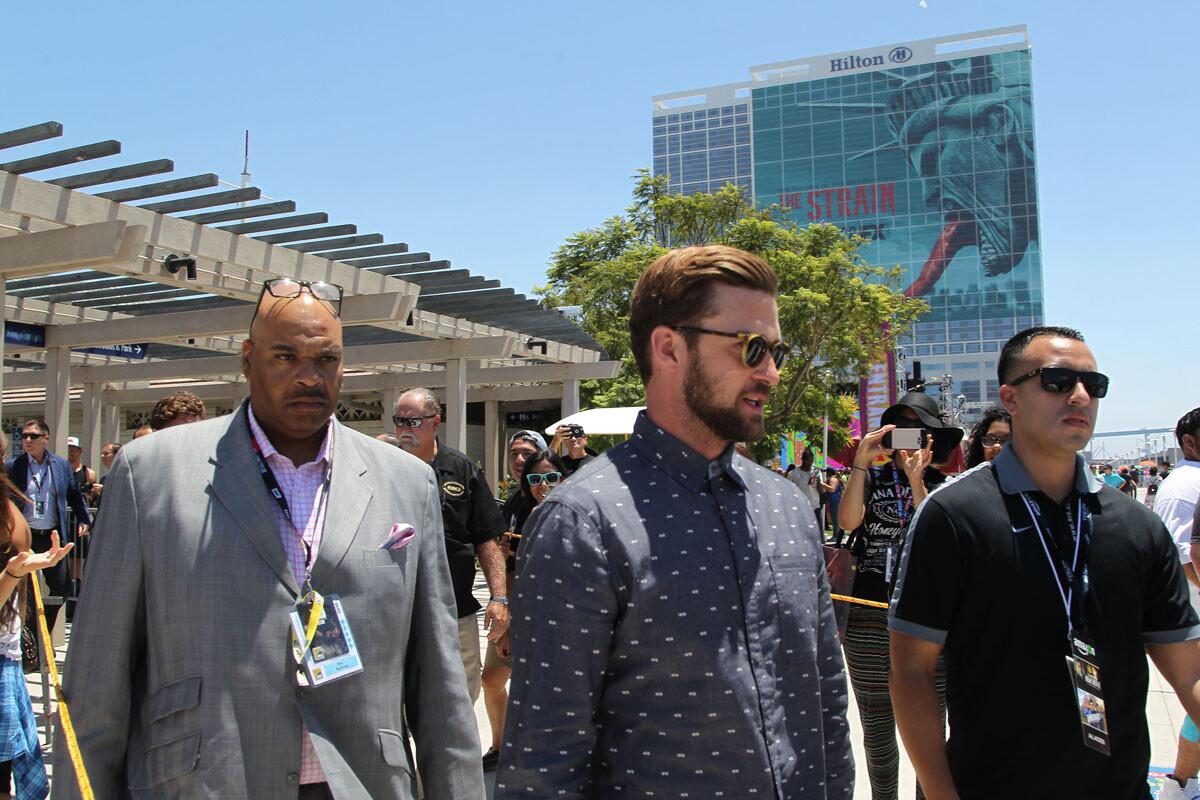 Performer Justin Timberlake heads to the IMDB yacht berthed behind Comic-Con in 2016. (John Gastaldo/The San Diego Union-Tribune)