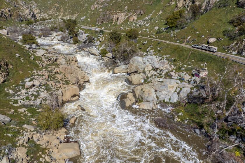 LAKE ISABELLA, CA - APRIL 06: The lower Kern River, next to California State Route 178, flows heavily from the recent winter and early spring storms. FOR FILE ART. Photographed on the Kern River on Thursday, April 6, 2023. (Myung J. Chun / Los Angeles Times)