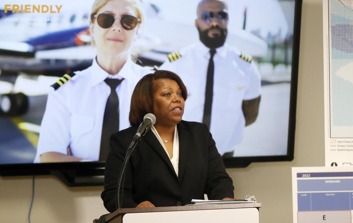 JWA Director Charlene Reynolds Wednesday announces the launch of a new "Fly Friendly" program at John Wayne Airport.