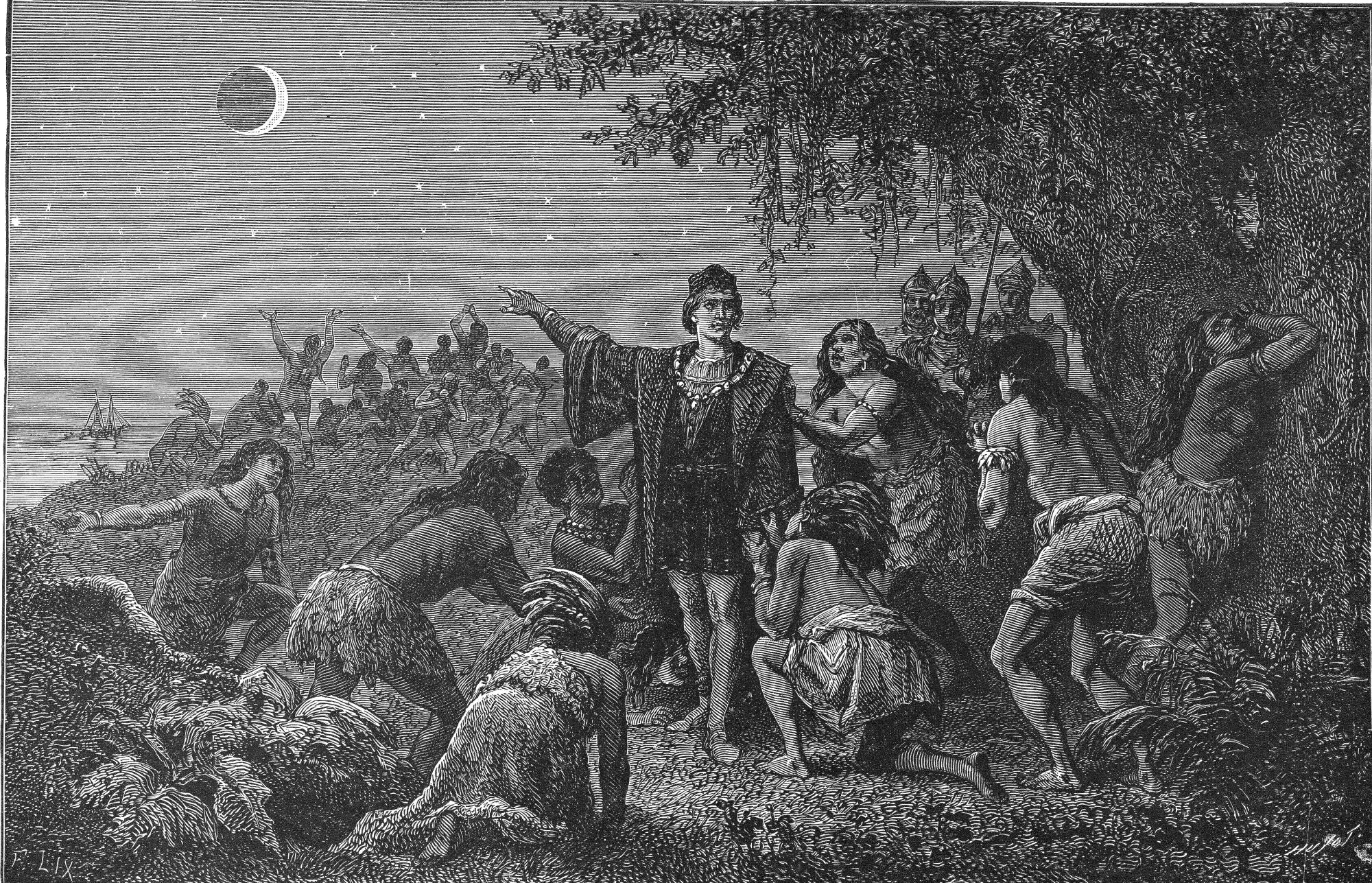  A sketch of Columbus pointing toward a lunar eclipse surrounded by people kneeling