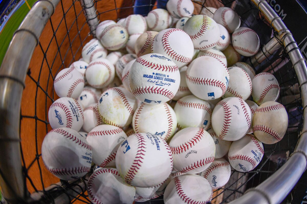 A basket full of baseballs.