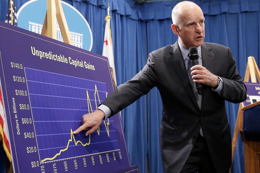 Gov. Jerry Brown points out swings in capital gains revenue during his revised 2016-17 budget presentation in May.
