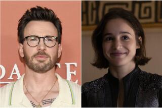 A split image of Chris Evans posing in glasses and a cream shirt; and Alba Baptista smiling in a studded leather jacket
