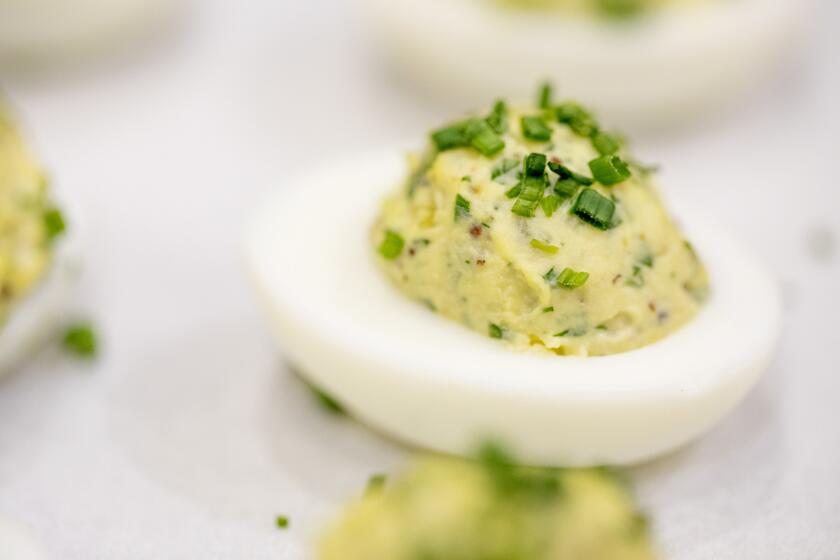 Deviled eggs with relish and whole grain mustard. Adapted from a recipe by chef Roy Choi of Commissary restaurant. 12 recipes for deviled eggs »
