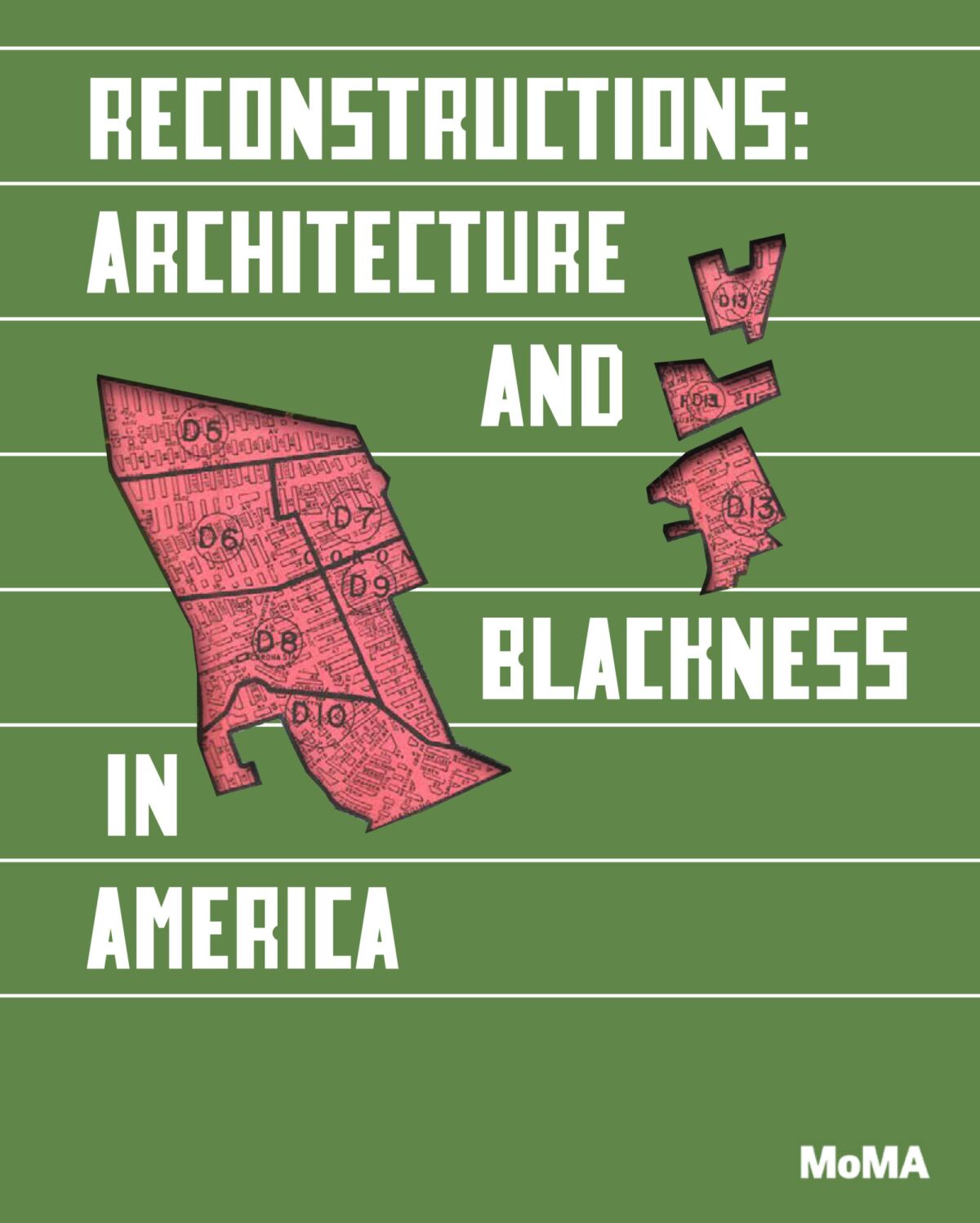A green book cover with the title "Reconstructions" includes fragments of a redlined neighborhood map