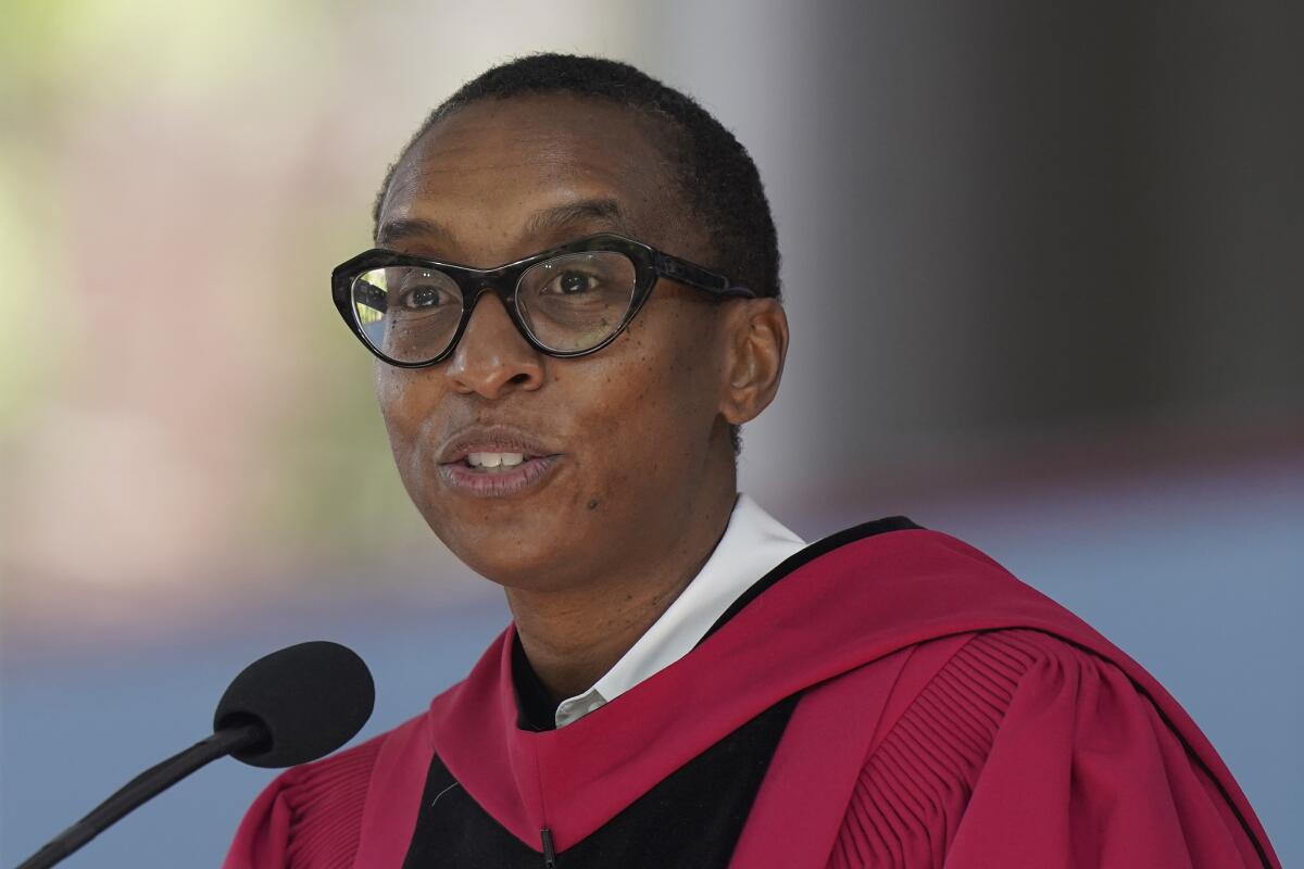 Harvard President Claudine Gay speaks at a commencement ceremony. 