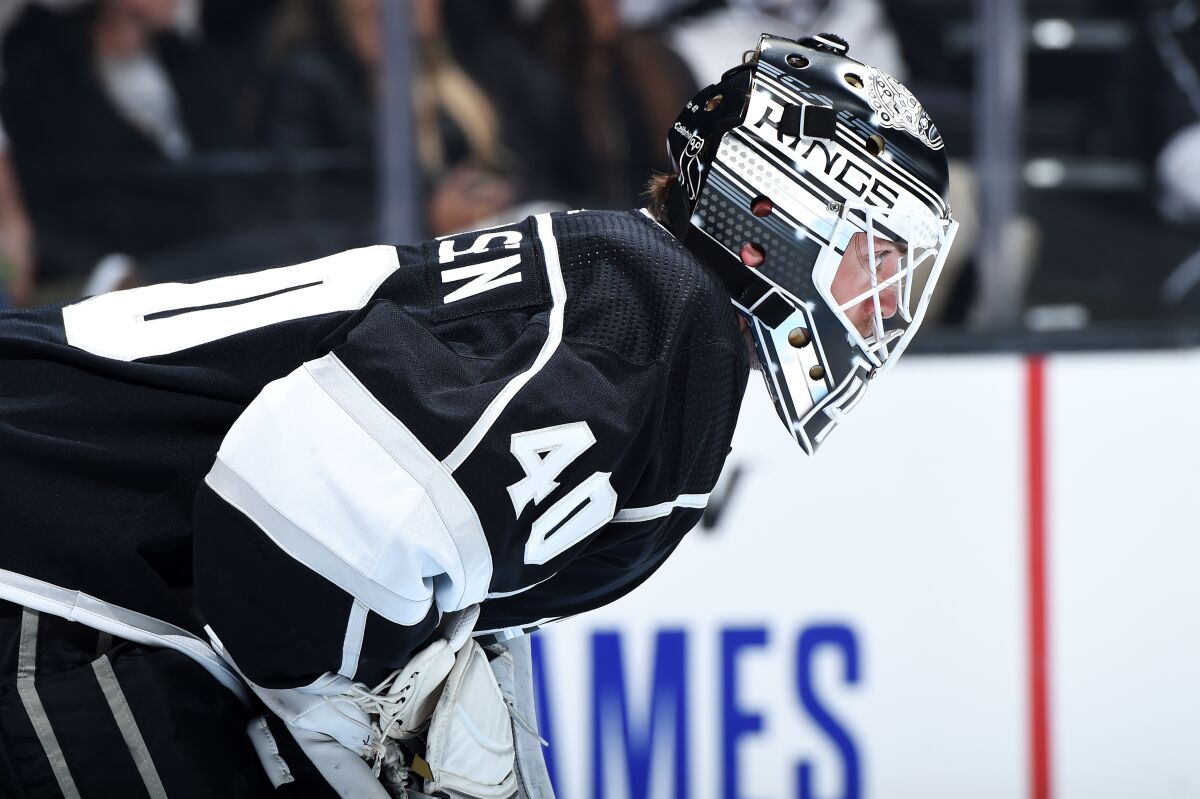 Kings goalie Cal Petersen tends the net during the second period of an exhibition against the Arizona Coyotes last week.