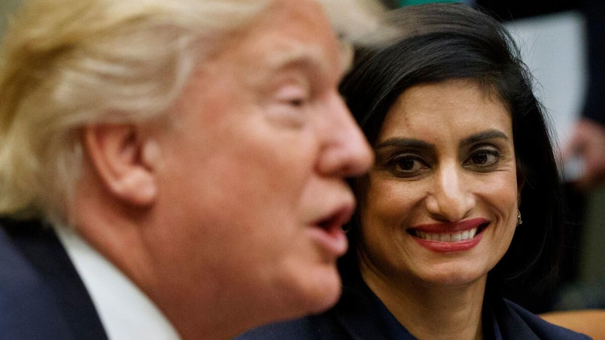 Seema Verma, head of the government’s Centers for Medicare and Medicaid Services, meets with President Trump in 2017.
