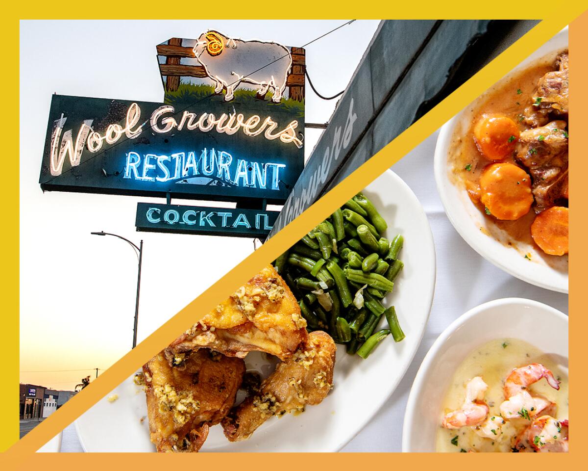 Closeup of a neon sign on a building says Wool Growers Restaurant; another photo shows several entrees on a table.