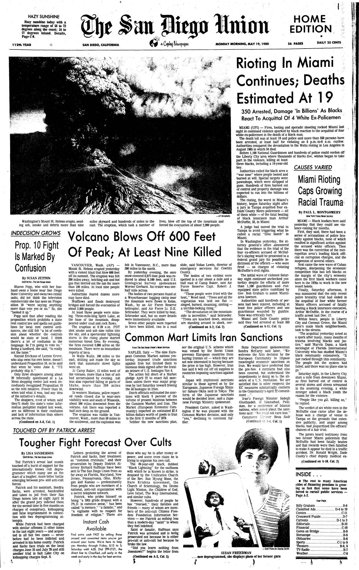 Front page of The San Diego Union May 19, 1980 with an aerial photo of the Mount St. Helen's volcano eruption.