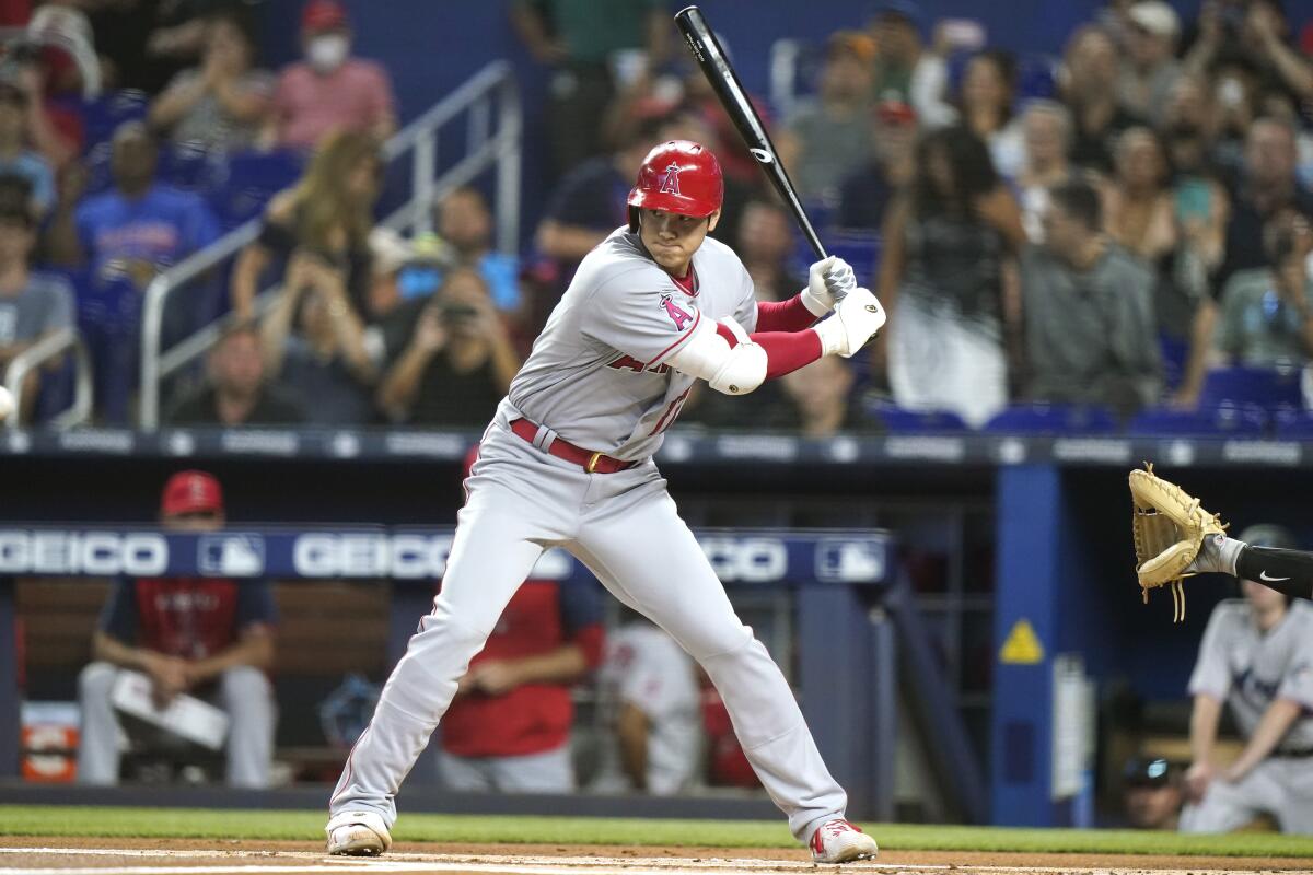 Angels' Shohei Ohtani bats during the first inning against the Miami Marlins.