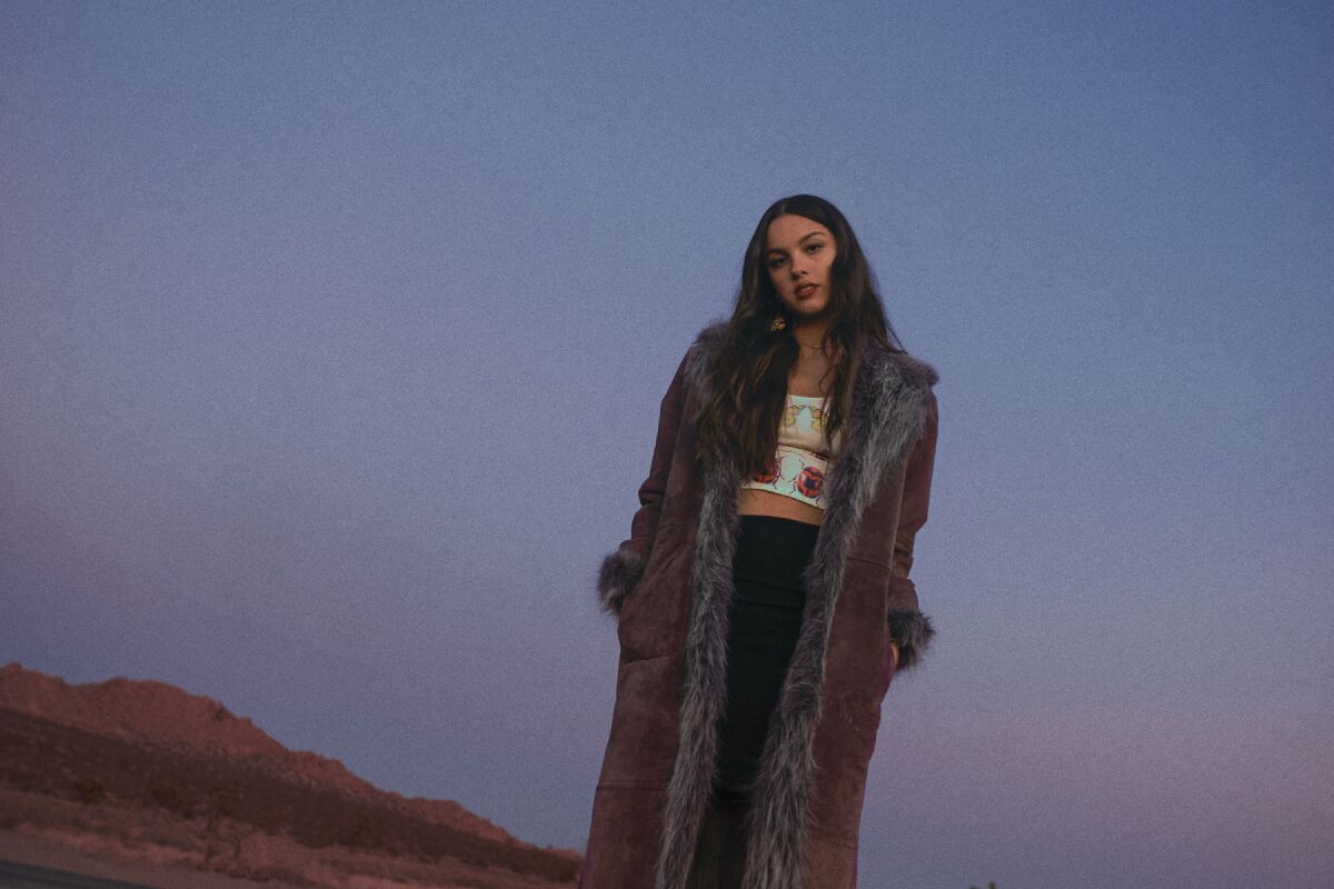A woman with long brown hair wears a fuzzy jacket in a desert landscape