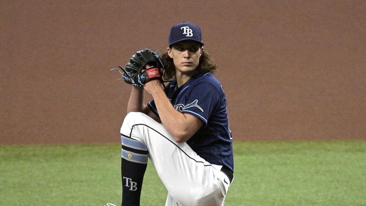 Tampa Bay Rays starting pitcher Tyler Glasnow winds up to throw to home plate