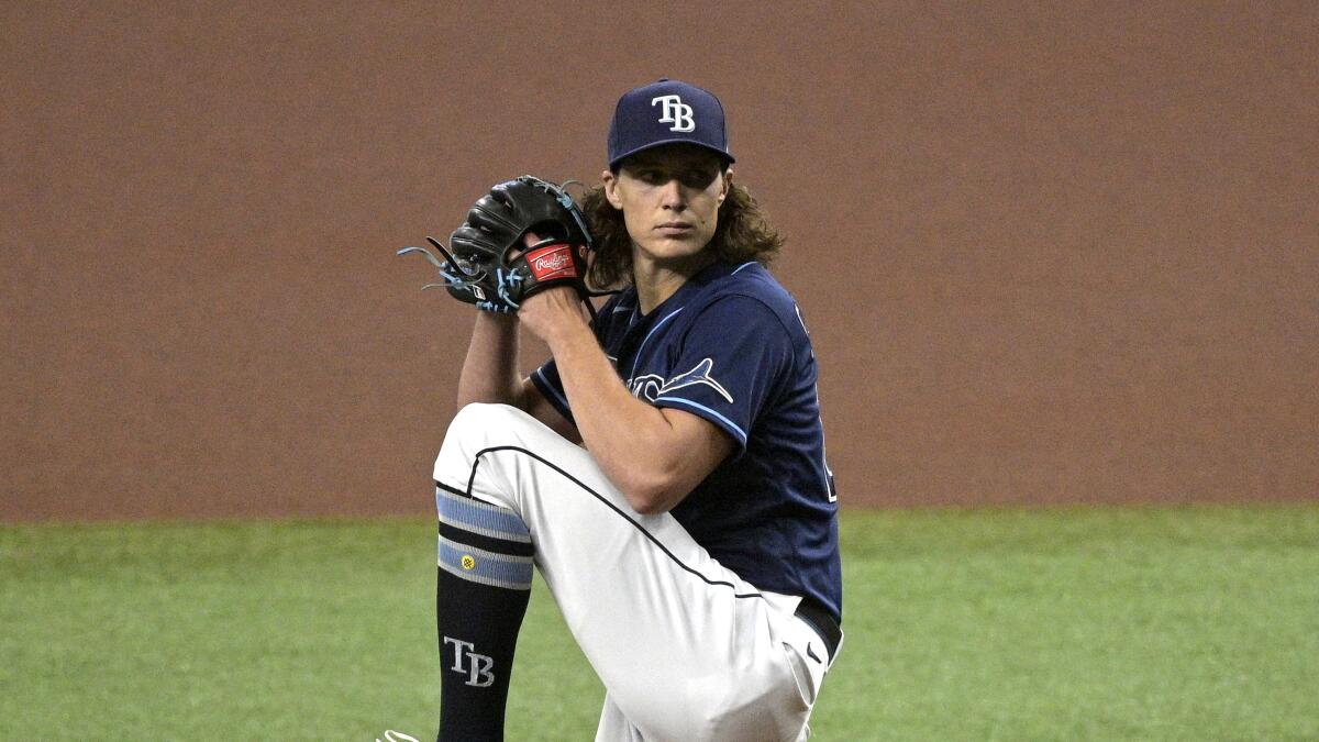 Tampa Bay Rays starting pitcher Tyler Glasnow winds up to throw to home plate 