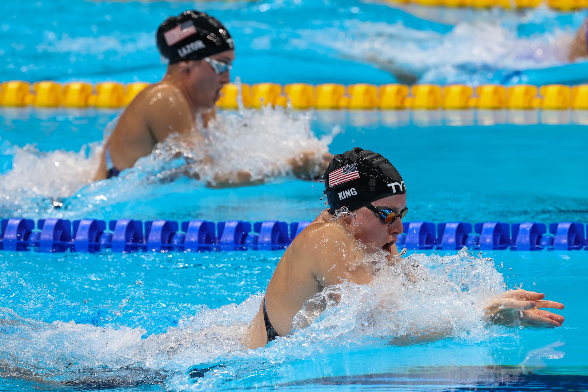 USA swimmers Lilly King, left, and Annie Lazor 