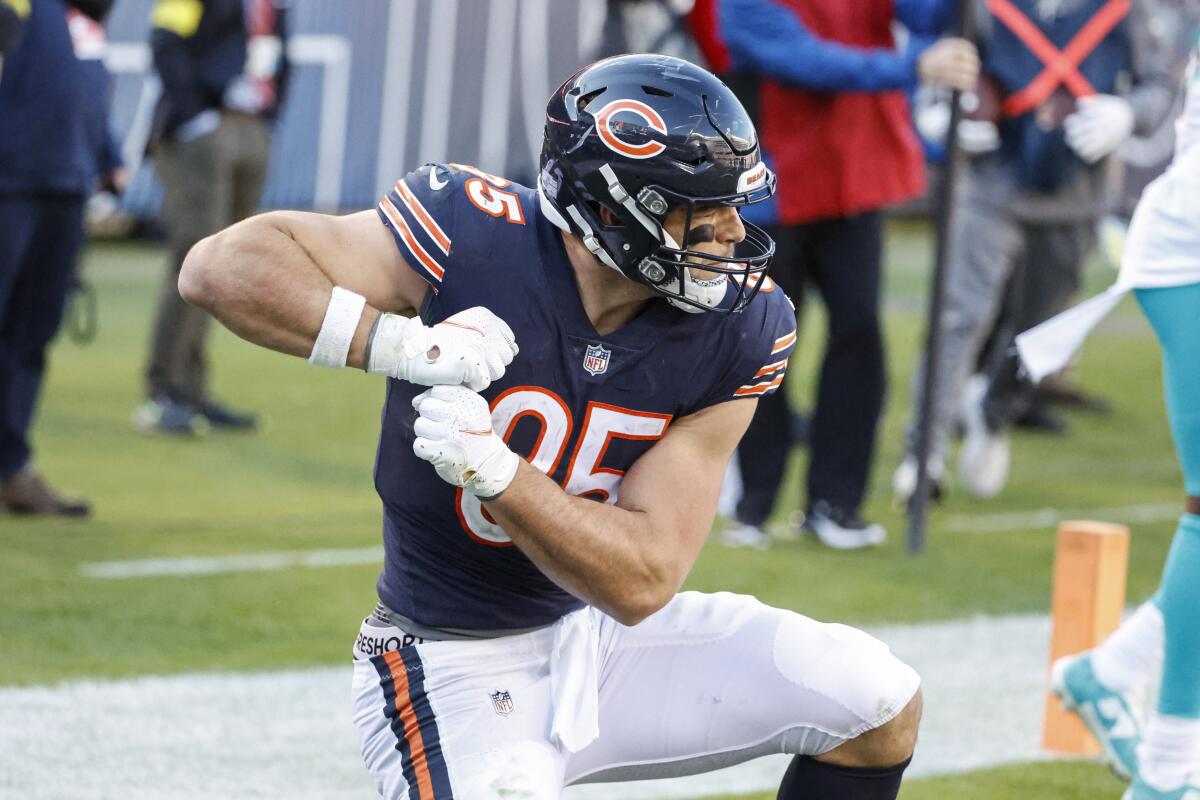 Chicago Bears tight end Cole Kmet celebrates his touchdown against the Miami Dolphins.