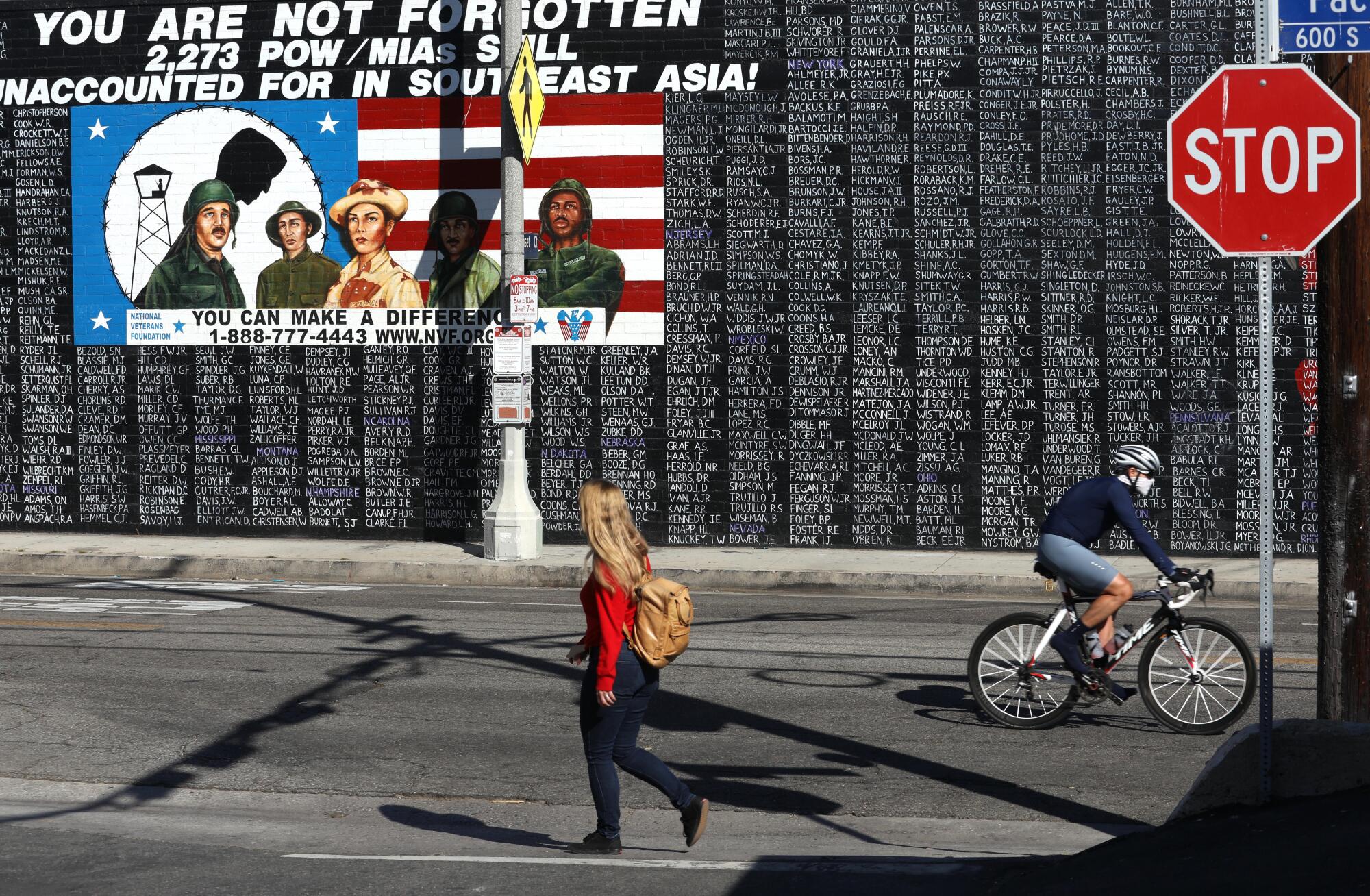 A mural on Pacific Avenue in Venice features the names of the some of MIA Vietnam veterans.
