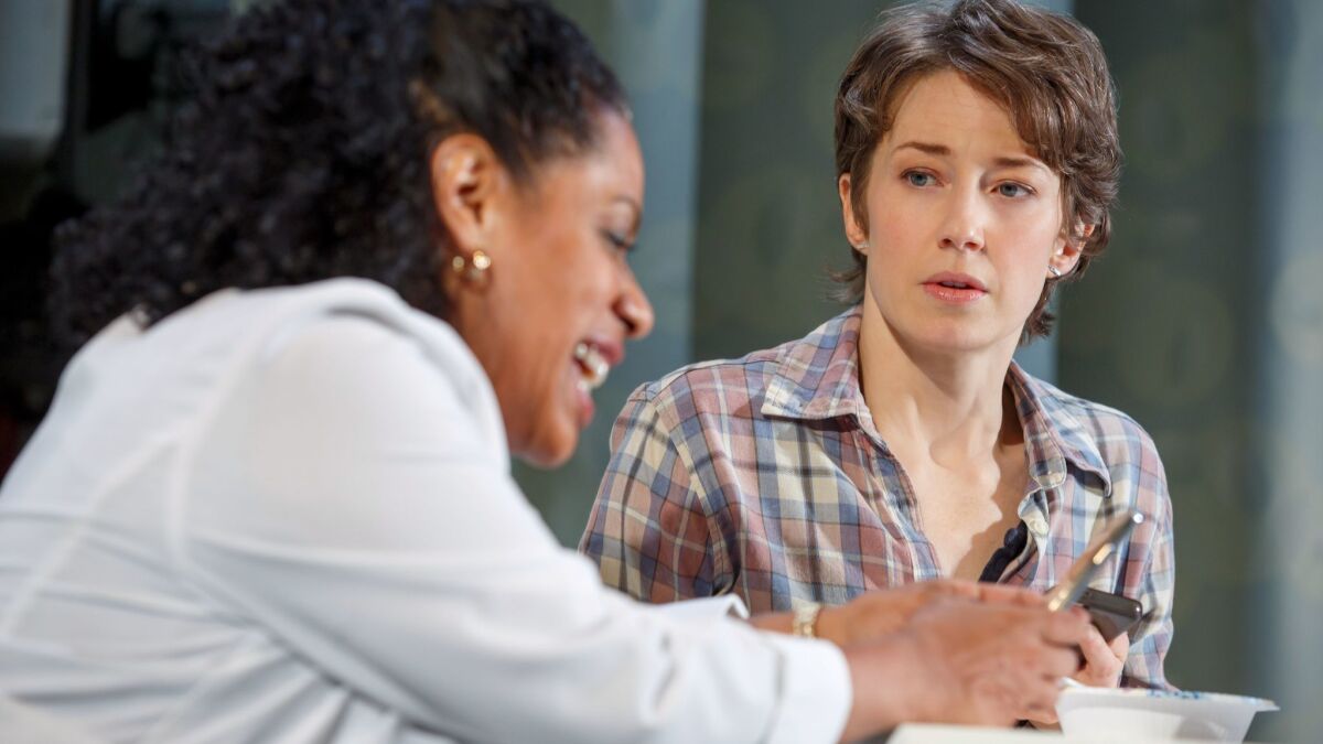 Carrie Coon listening to Liza Colón-Zayas in "Mary Jane" at the New York Theatre Workshop.