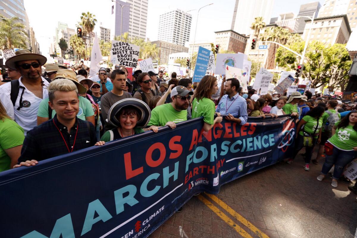 People march along Hill Street for the L.A. March for Science.