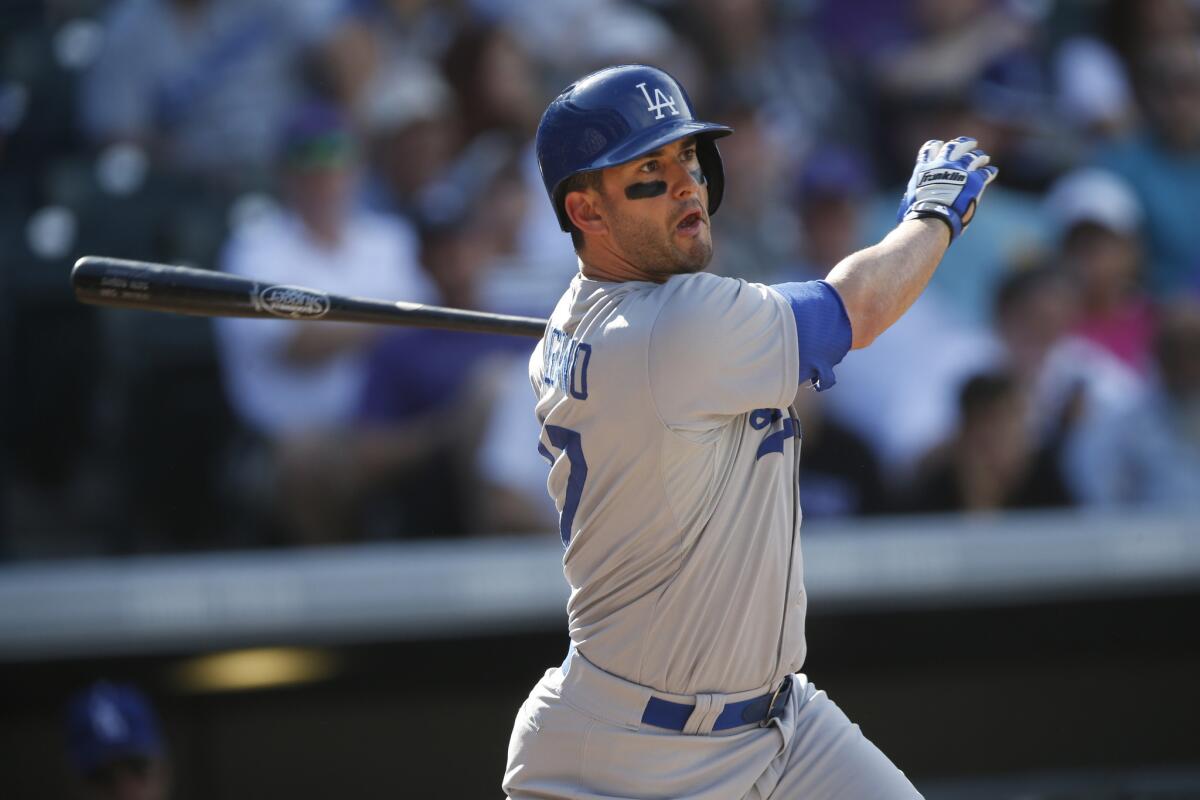 Dodgers' Justin Ruggiano bats against Colorado on Sept. 27.