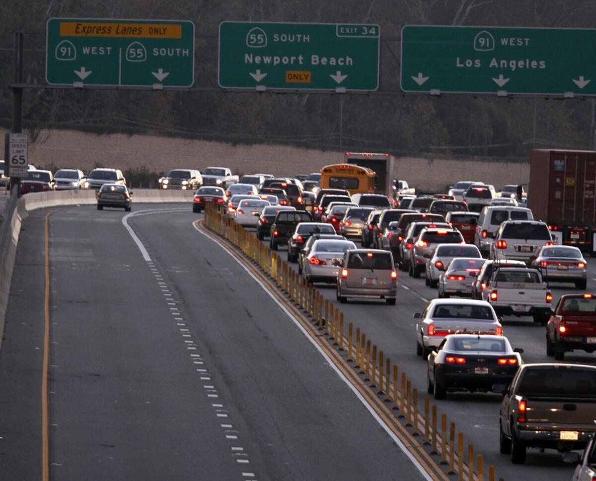 Orange County was a pioneer in congestion-based pricing when carpools lanes along a 10-mile portion of the 91 Freeway, shown, were converted to so-called Express Lanes. Now a plan is calling for toll lanes along a 14-mile stretch of the 405 Freeway in Orange County.